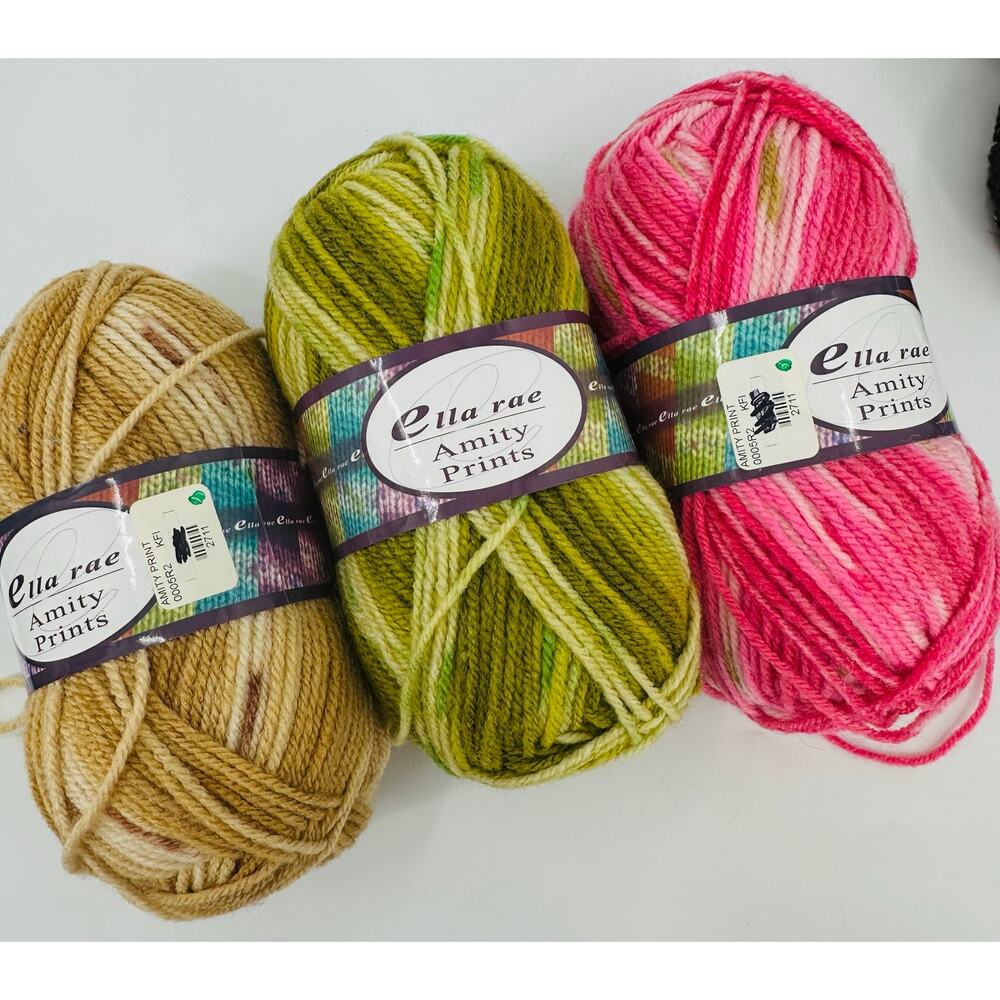 3 Ella Rae Amity Prints Yarn Mixed Lot Pink Green Tan Wool Blend Worsted Weight